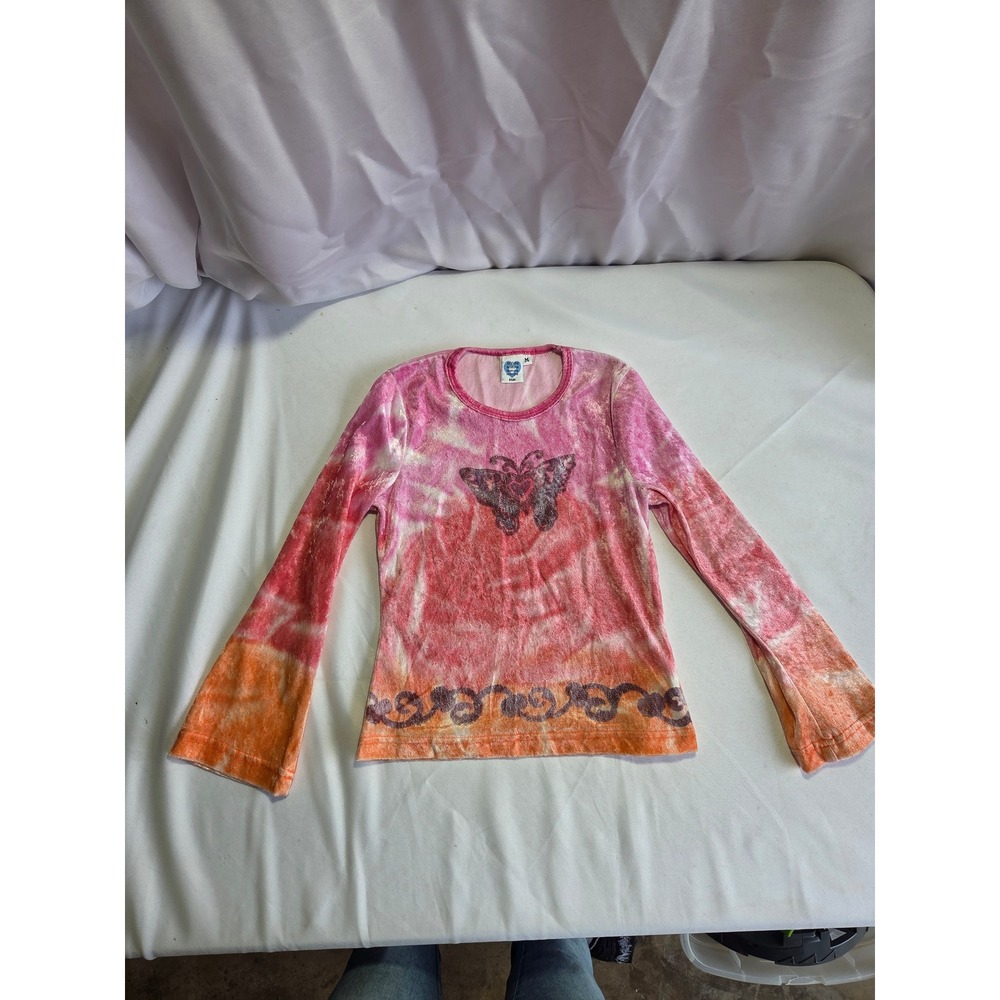 Nextera Kids Pink Orange Tie Dye Butterfly Baby Tee Crushed Velvet Long Sleeve M